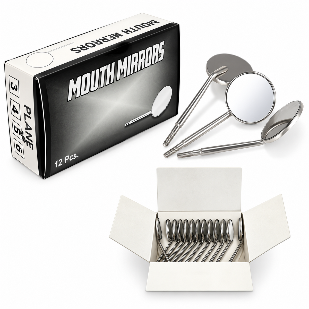 Dental Mouth Mirror Heads – Stainless Steel Plane Mirrors (12 Pcs Box)